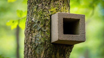 Cubic foam concrete block affixed to a tree trunk in a green forest setting, emphasizing ecology, environmental design, natural materials, sustainable architecture.