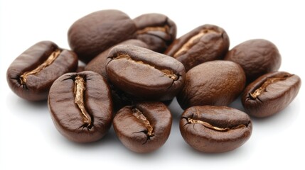 Fototapeta premium Brown coffee beans arranged on a clean white backdrop, highlighting their glossy texture and rich color, ideal for food photography, culinary use, coffee themes.