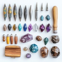 Assorted gemstones and tools arranged on a white background.