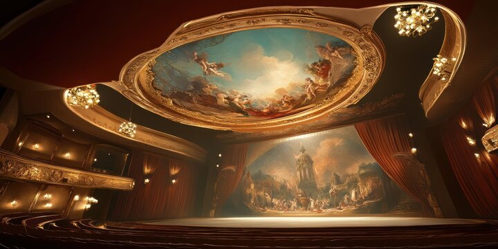 A grand theater interior with ornate ceiling and stage curtain, ready for a performance.