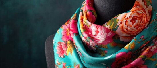 Teal floral silk scarf draped on a mannequin.