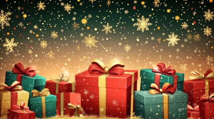 A background vector illustration of Christmas presents with a starry night sky, with a multitude of Christmas present boxes stacked on top of each other. 