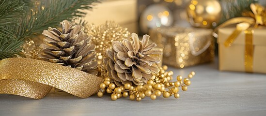 Golden Christmas decoration with pine cones, ribbon, and berries on a wood table.