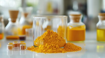 Chemical ingredients in laboratory setting featuring curcuma powder sodium sulfide and aluminum powder with glassware and colorful liquids