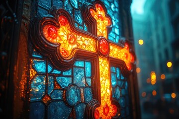 Obraz premium Close-up view of a stained glass window featuring a cross design