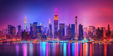 Obraz premium A vibrant cityscape at night, showcasing the iconic skyline with illuminated skyscraper