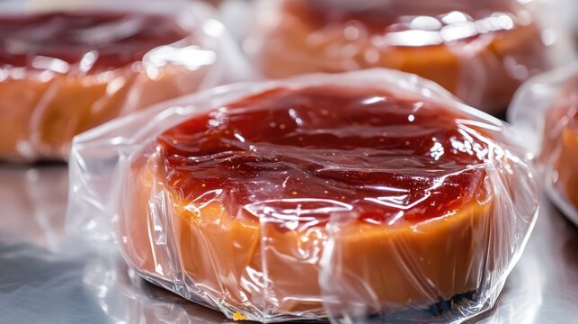 Packaged dessert cake topped with jam in clear plastic wraps showcased on a silver surface for food presentation or marketing purposes