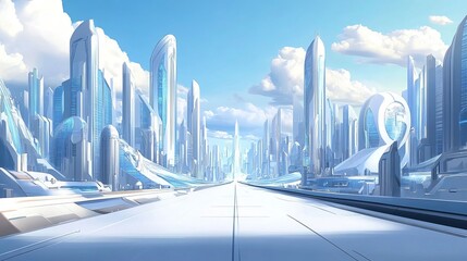 The background of the futuristic city is a blue sky with white clouds, with tall buildings on both sides of high-tech roads. 
