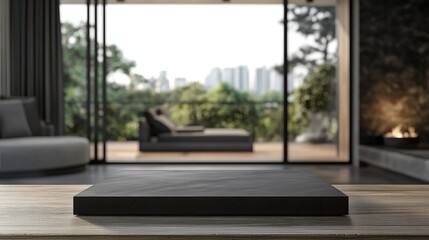 Wooden table with blurred modern home interior background ideal for product display and promotional montages in contemporary living spaces