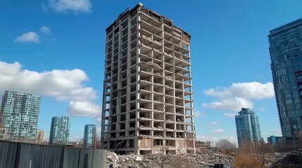 Fototapeta premium Partially demolished high-rise building at a demolition site under a clear blue sky with surrounding modern architecture and debris.