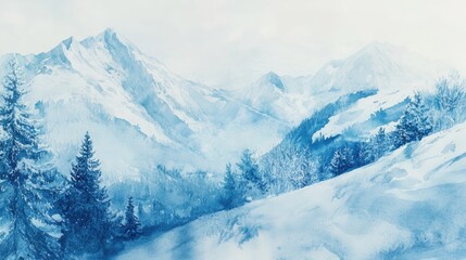 Obraz premium A scenic view of a snowy mountain range with peaks and valleys