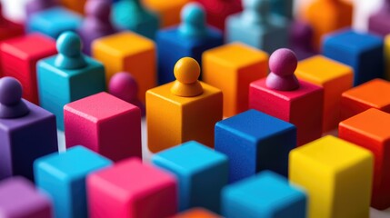 Obraz premium Colorful cubes and figures representing customer segmentation models, featuring vibrant shades of blue, purple, orange, and pink, business concept, marketing strategy, data analysis.