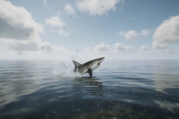 A shark breaching the ocean surface under a blue sky with scattered clouds.