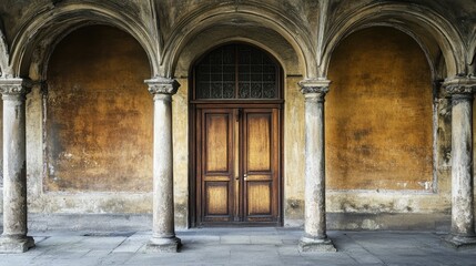 Architectural features including ornate arches and columns framing a wooden door in a historic urban setting with textured walls.