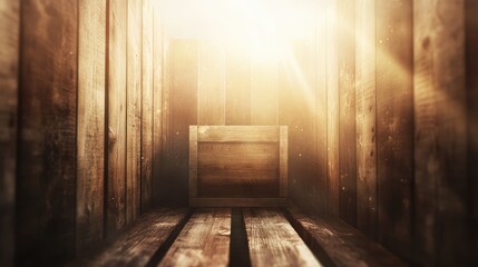 Cross section of wooden panels forming a square box, surrounded by burrs, on a construction site with a blurred light background, texture, warmth, storage, rustic setting, materials arrangement.