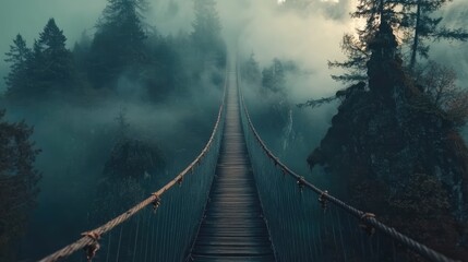 Obraz premium Misty suspension bridge in a dense forest creating a mysterious and tranquil atmosphere with fog shrouding the landscape.