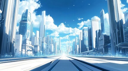 Fototapeta premium The background of the futuristic city is a blue sky with white clouds, with tall buildings on both sides of high-tech roads. 
