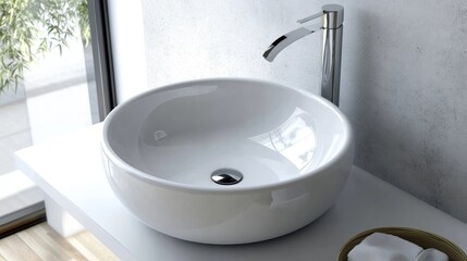Fototapeta premium Modern White Bathroom Sink with Minimalist Design in Bright Interior Setting