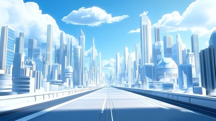 The background of the futuristic city is a blue sky with white clouds, with tall buildings on both sides of high-tech roads. 