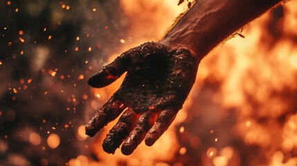 Firefighter extending a hand in a dramatic rescue amidst flames and sparks showcasing bravery and readiness to help in emergencies