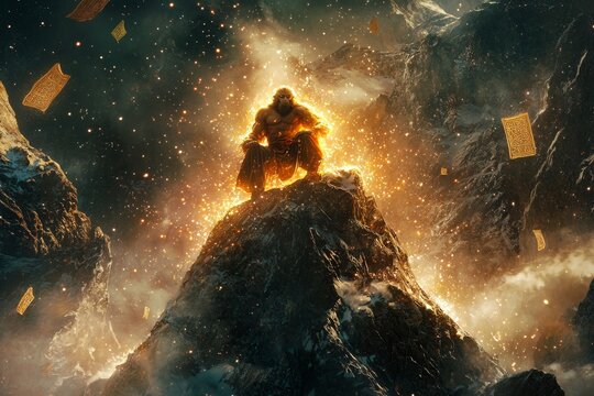 Monkey King Trapped under the Mountain: The Monkey King imprisoned beneath a massive mountain, his eyes burning with determination as he struggles against the weight of the boulder, with ancient scrip