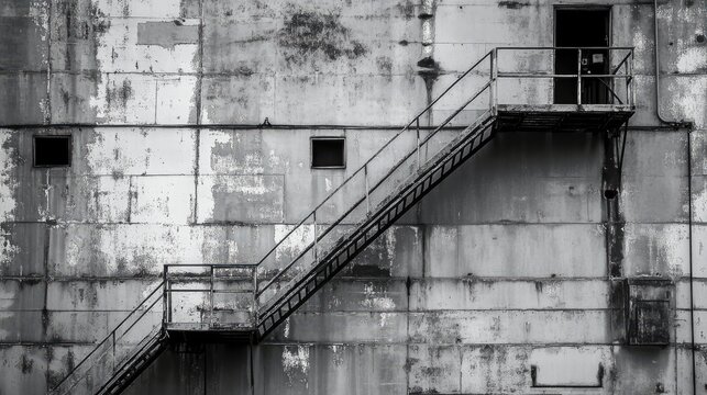 Vertical fire escape on an aged industrial building showcasing weathered metal and textured wall in black and white photography.