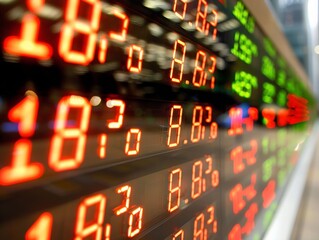 Market trends analysis financial district digital display urban environment close-up view economic...