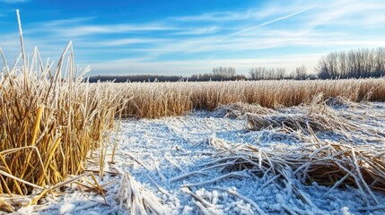 Fototapeta premium Frost-covered common reed grass in a snowy landscape, emphasizing icy textures and winter scenery under a clear blue sky, winter, nature, frozen environment, cold temperatures.