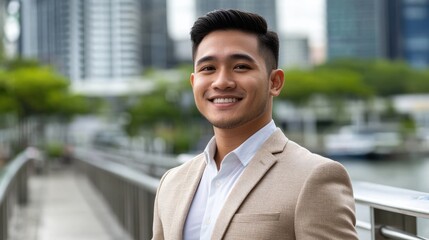Confident young businessman in tan suit smiling with cityscape background representing vision and success in urban environment