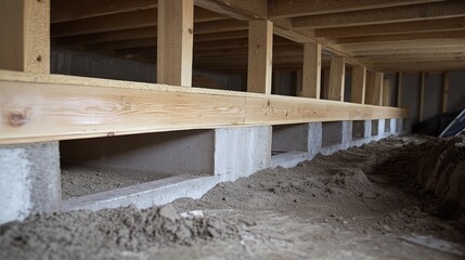 Engineered wood floor joists support a crawl space in modern residential construction showcasing structural elements and foundation work