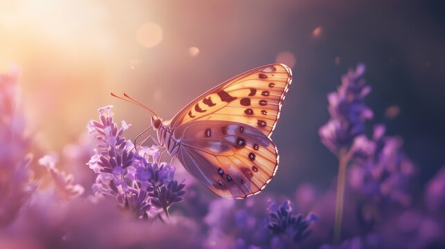 Silver washed fritillary butterfly on purple flowers feeding on honeydew in a dreamy romantic atmosphere showcasing vibrant wildlife beauty