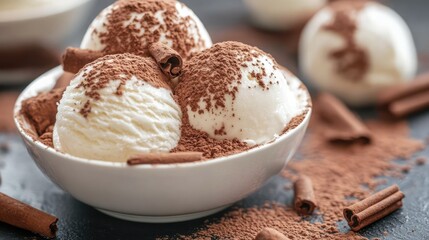 Decadent chocolate dusted vanilla ice cream served in a bowl with cocoa powder and chocolate curls on a dark surface.