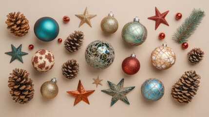 Boho style Christmas flat lay with decorative ornaments pine cones and stars arranged on a neutral beige background