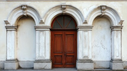 Fototapeta premium Architectural details showcasing decorative arches and columns with door entrance in a historic building setting on urban streets