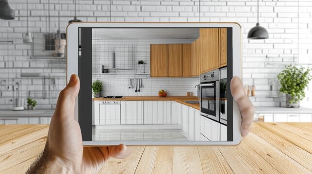A hand holds a tablet displaying a modern kitchen design with wooden accents and white cabinetry.