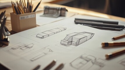 Various sketches of a vehicle design on a designer's workspace, filled with tools and papers.