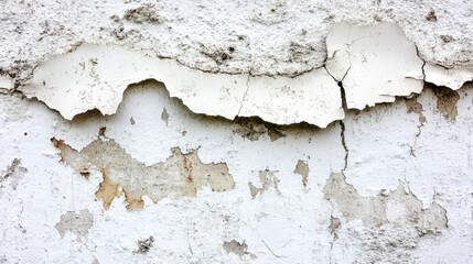 Fototapeta premium Textured white concrete wall with visible cracks and peeling paint in a distressed urban setting