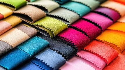 Woman selecting upholstery fabric swatches in vibrant colors feeling textures for furniture and interior design choices