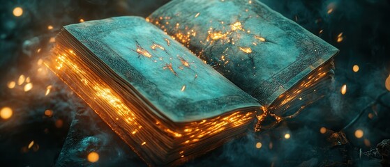 Ancient book with glowing pages revealing secrets in a mystical environment