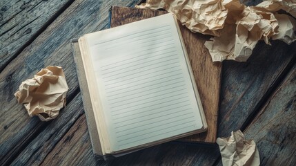 Fototapeta premium Business finance concept showcasing crumpled paper and a blank notebook page symbolizing the challenges of calculating return on assets