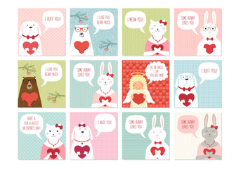 Set of cute retro hand drawn Valentine's Day cards as funny animal characters