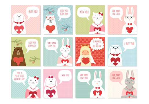 Set of cute retro hand drawn Valentine's Day cards as funny animal characters - Powered by Adobe