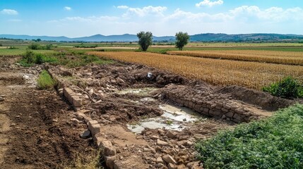 Damaged irrigation systems in rural landscape showcasing agricultural impacts and environmental degradation in countryside fields.