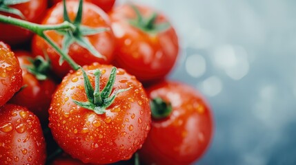 Close up of fresh ripe tomatoes with water droplets on vine showcasing vibrant colors and natural freshness for healthy food concepts