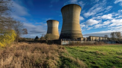 Fototapeta premium Coal Fired Power Plant Cooling Towers Under a Clear Blue Sky Surrounded by Lush Greenery and Natural Landscape