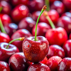 Closeup of a single cherry with water drops. surrounded by other cherries. Red. juicy. and delicious summer fruit.