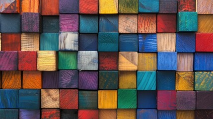 Vibrant array of wooden cubes in various colors and textures arranged in a grid pattern, ideal for arts and crafts, educational materials, playful design elements.
