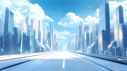 The background of the futuristic city is a blue sky with white clouds, with tall buildings on both sides of high-tech roads. 
