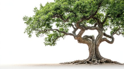 Lush green tree with exposed roots isolated on white background.