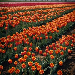 Rows of tulips in an immaculately arranged flower farm.

